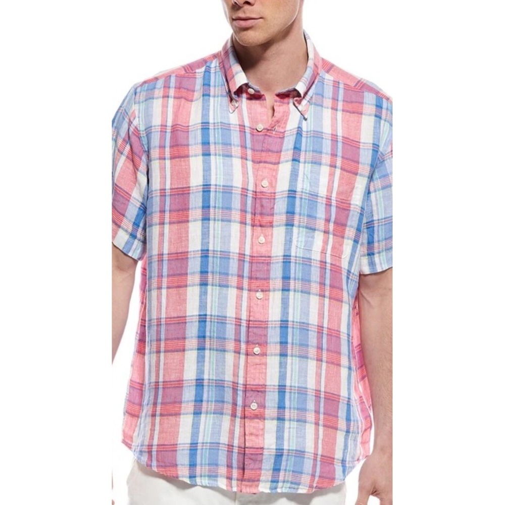 Brooks Brothers 1818 Regular Fit Linen Short Sleeve Button Up Large Plaid